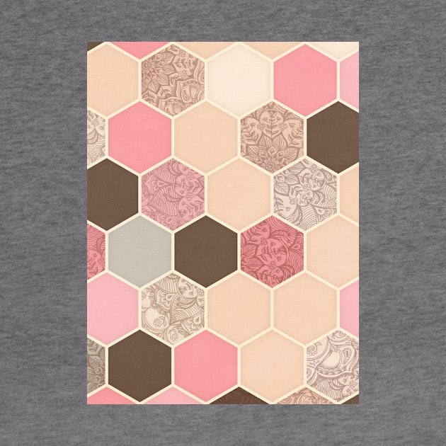 Caramel, Cocoa, Strawberry & Cream Hexagon & Doodle Pattern by micklyn